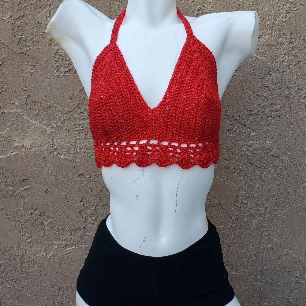 Hand Crafted Red Crochet Halter Top Bralette Size L